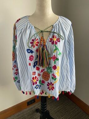 Zara Light Blue & White Striped Embroidered Tunic with Multicolor Tassels